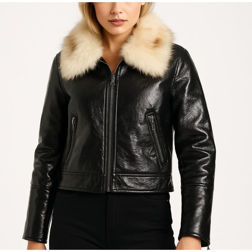 Unreal Fur Black Wet Look Aviator Jacket Faux Leather & Fur Collar Women’s XL